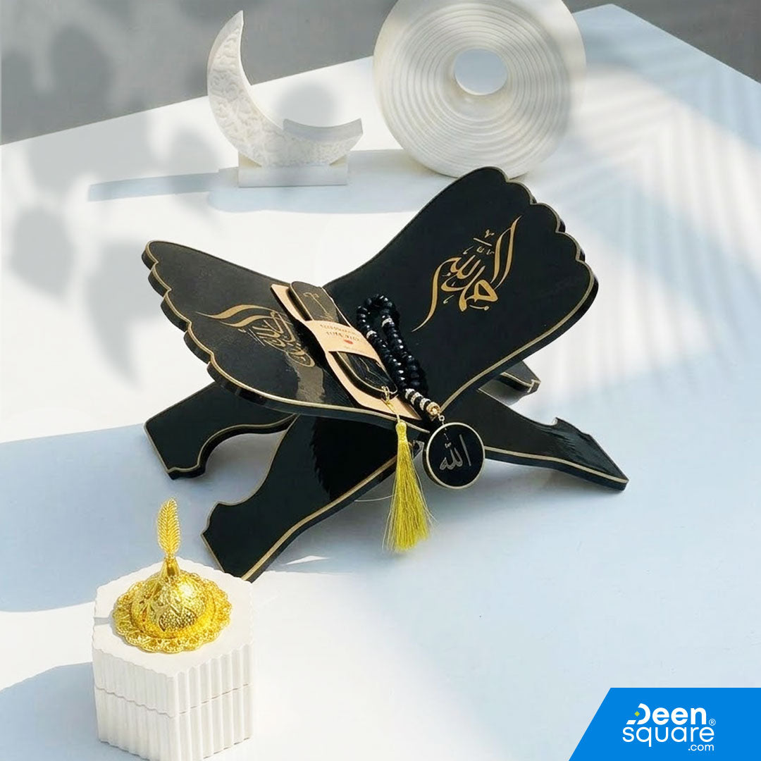 Elegant white resin Quran stand set with 2 bookmarks and tasbeeh keychain. Perfect for Ramadan, Hajj gifts &amp; Islamic home décor.