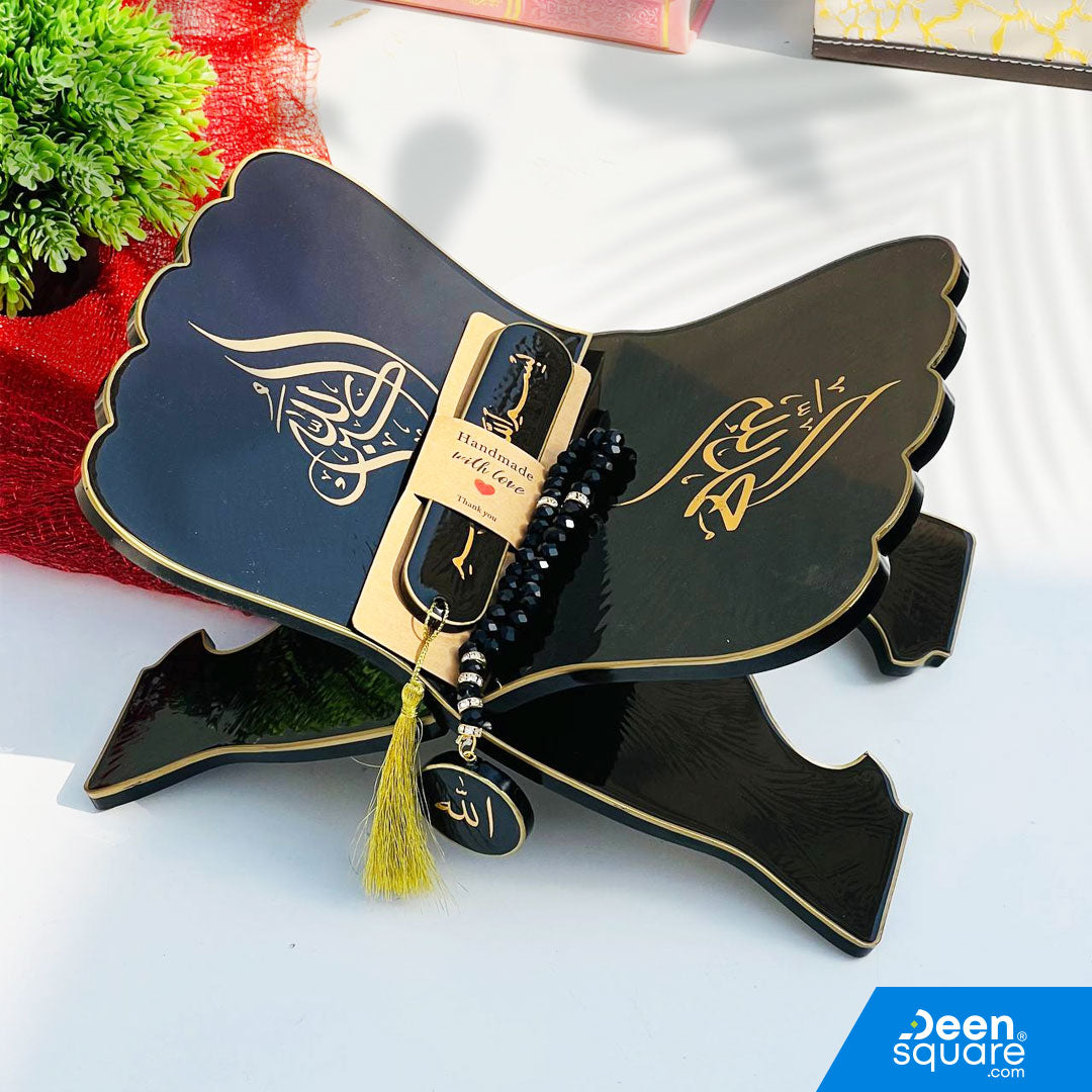 Elegant black resin Quran stand set with 2 bookmarks and tasbeeh keychain. Perfect for Ramadan, Hajj gifts &amp; Islamic home décor.