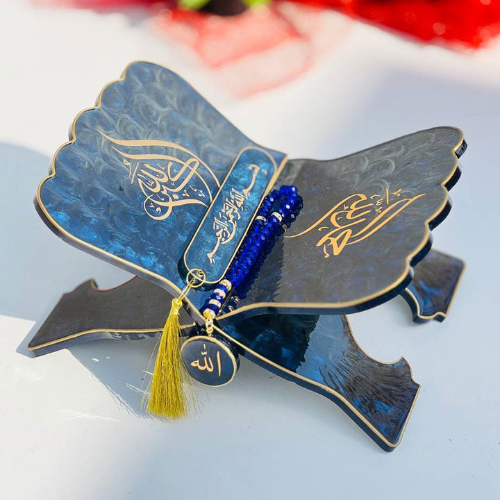 Elegant white resin Quran stand set with 2 bookmarks and tasbeeh keychain. Perfect for Ramadan, Hajj gifts &amp; Islamic home décor.