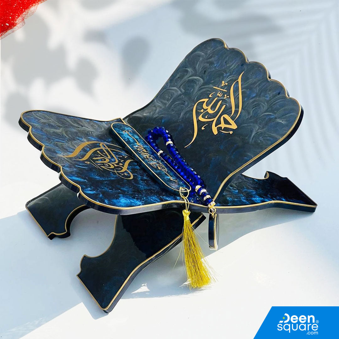 Elegant white resin Quran stand set with 2 bookmarks and tasbeeh keychain. Perfect for Ramadan, Hajj gifts &amp; Islamic home décor.