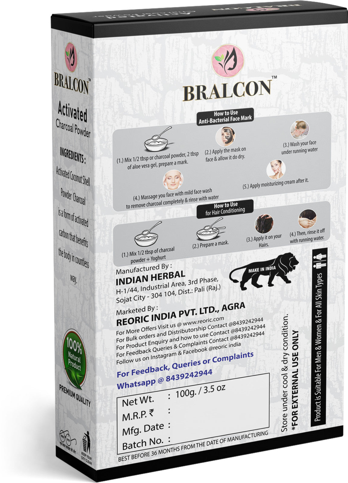 Bralcon Activated Charcoal Powder 100g back