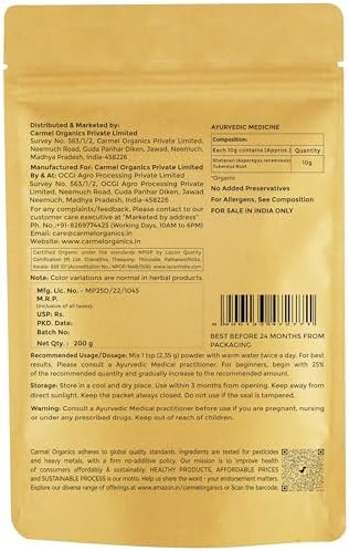 CARMEL ORGANICS Shatavari Root Whole 200 Grams back