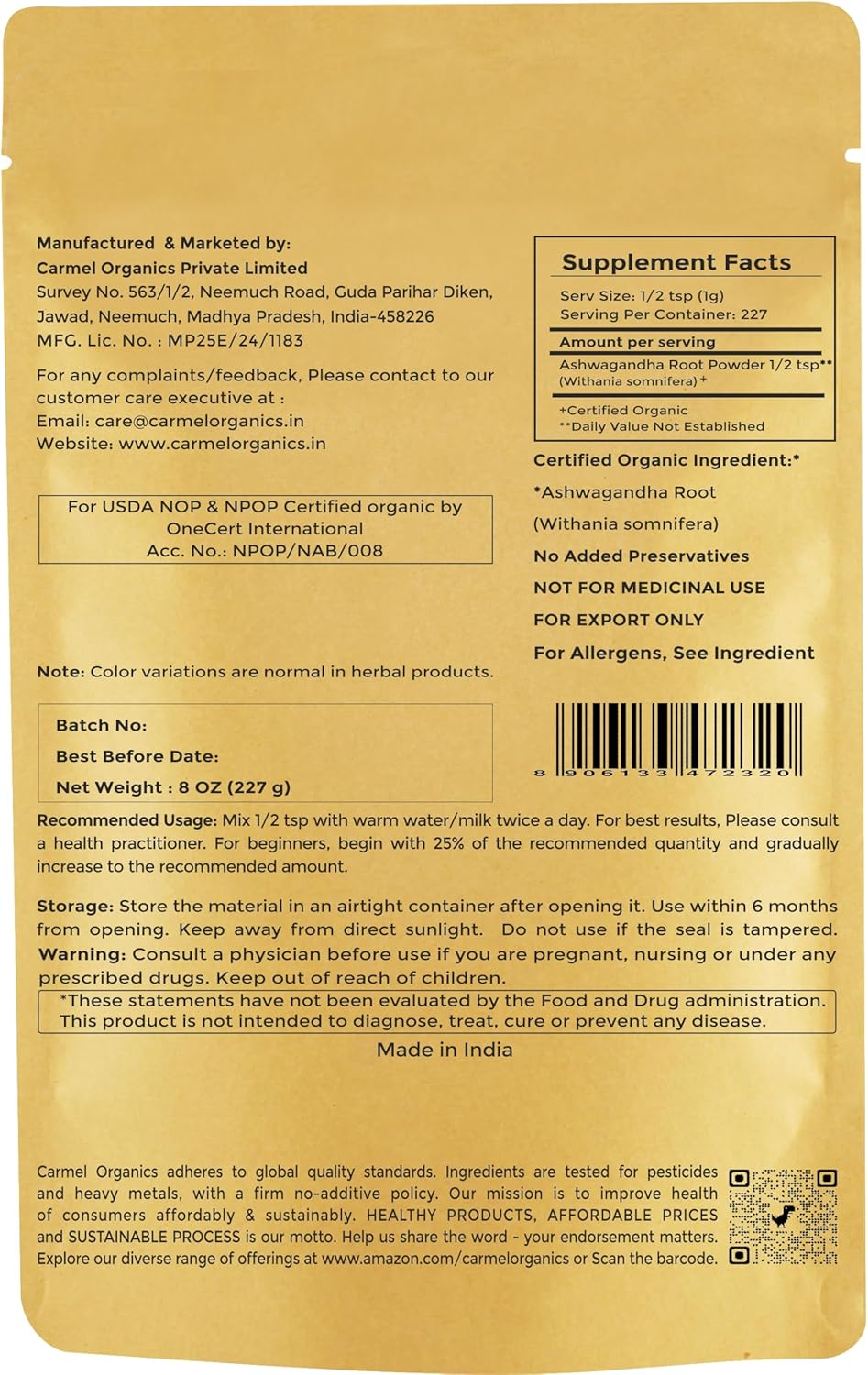 CARMEL ORGANICS Organic Ashwagandha Root Powder