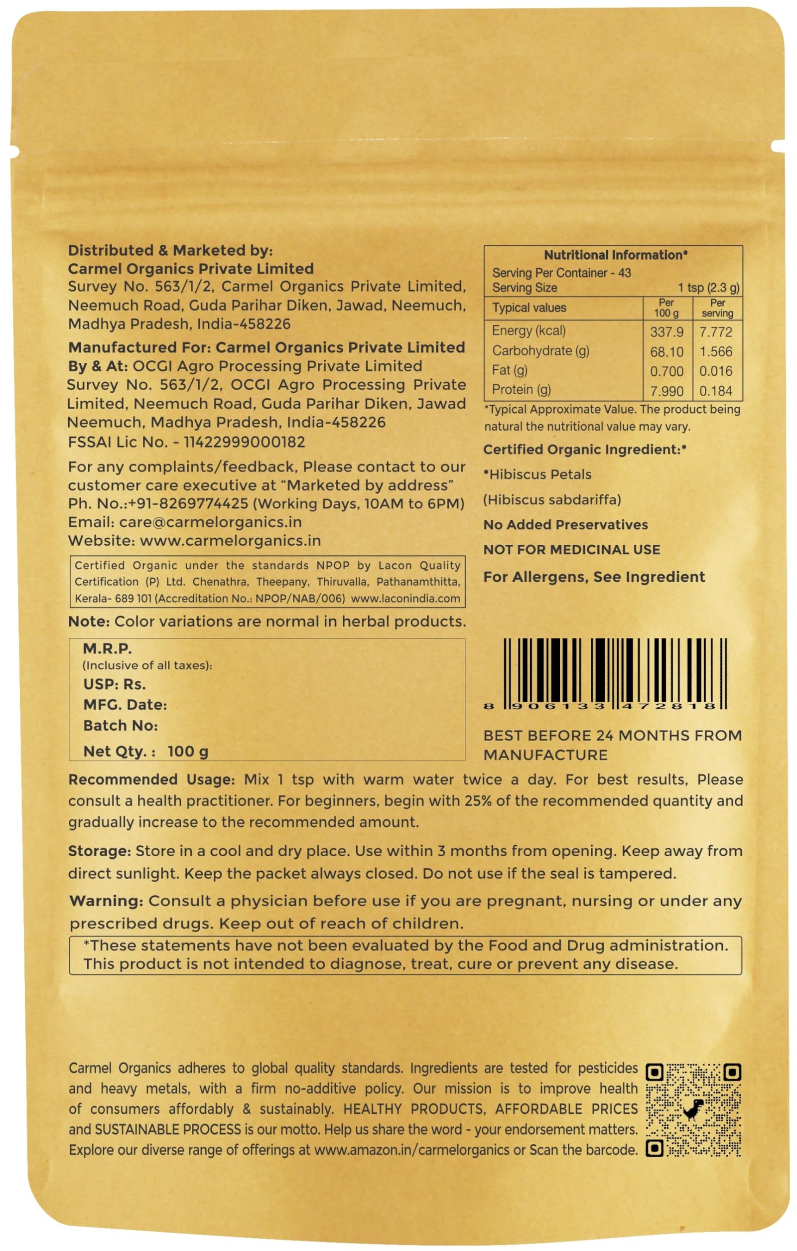 Carmel Organics Hibiscus Powder 100G