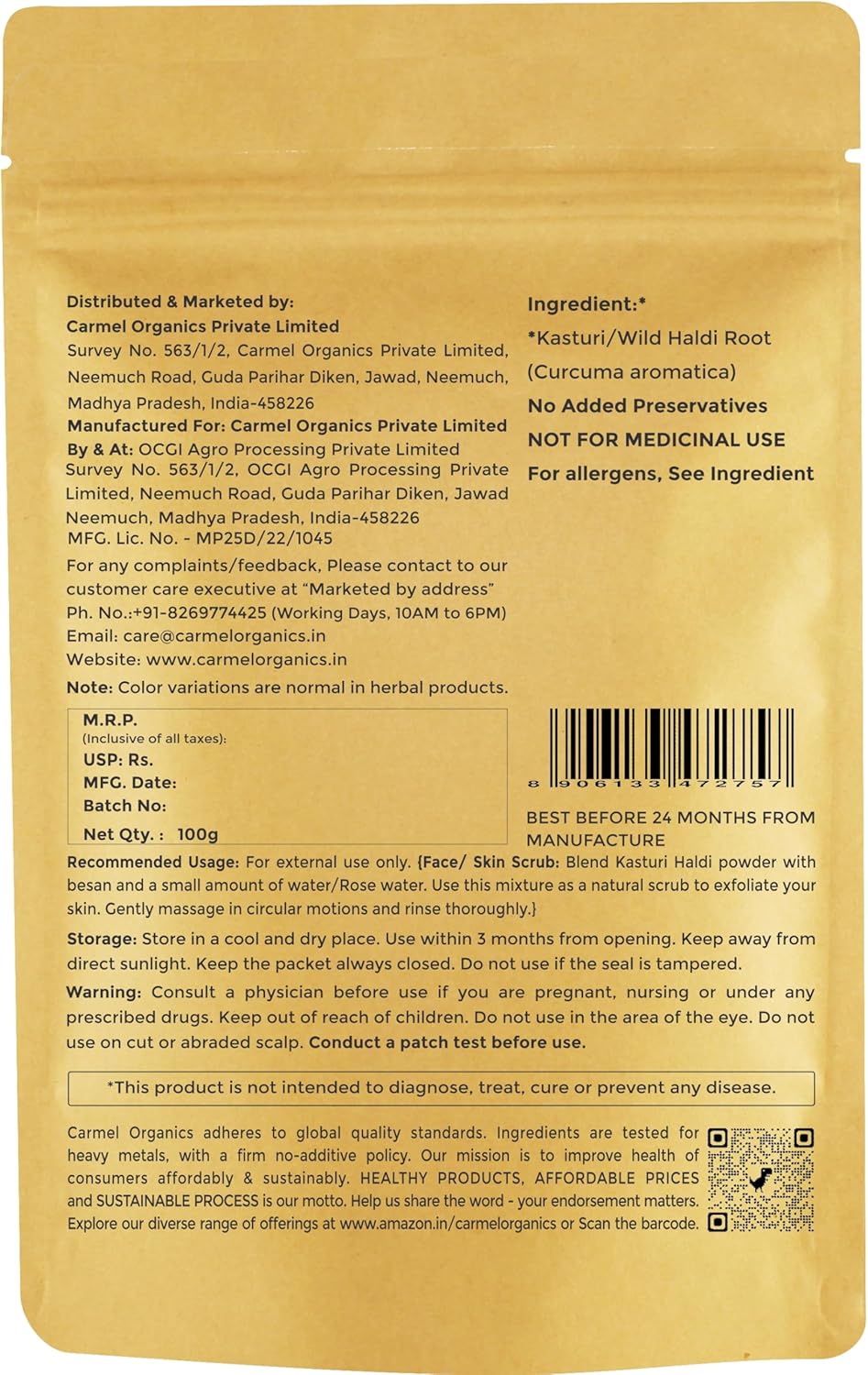 Carmel Organics Kasturi Haldi Turmeric Powder 100G