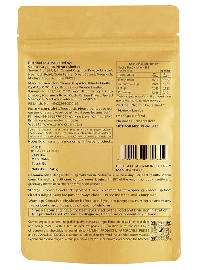 Carmel Organics Moringa Powder 340G back