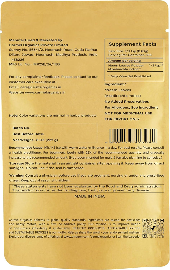 Carmel Organics Neem Powder 340G back