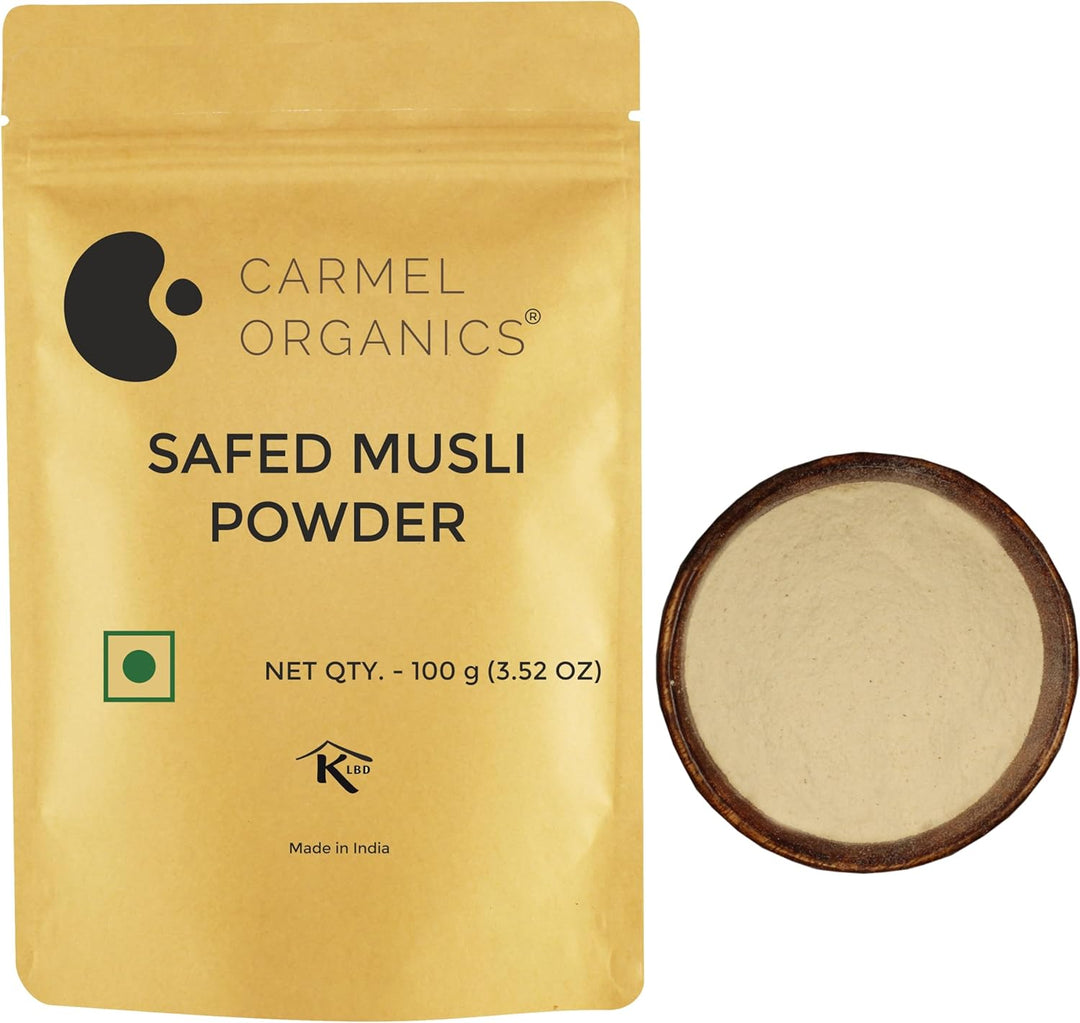 CARMEL ORGANICS Safed Musli Root Powder 100 Grams | Natural | Non-GMO | Siva Musli Podi/Shweta Musli Hudi | Chlorophytum Borivilianum | No Added Preservatives