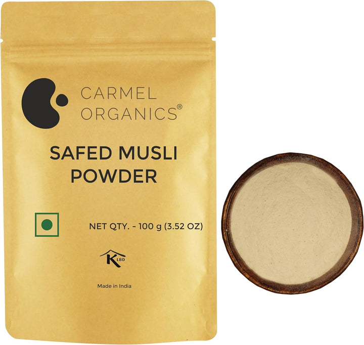 CARMEL ORGANICS Safed Musli Root Powder 100 Grams | Natural | Non-GMO | Siva Musli Podi/Shweta Musli Hudi | Chlorophytum Borivilianum | No Added Preservatives