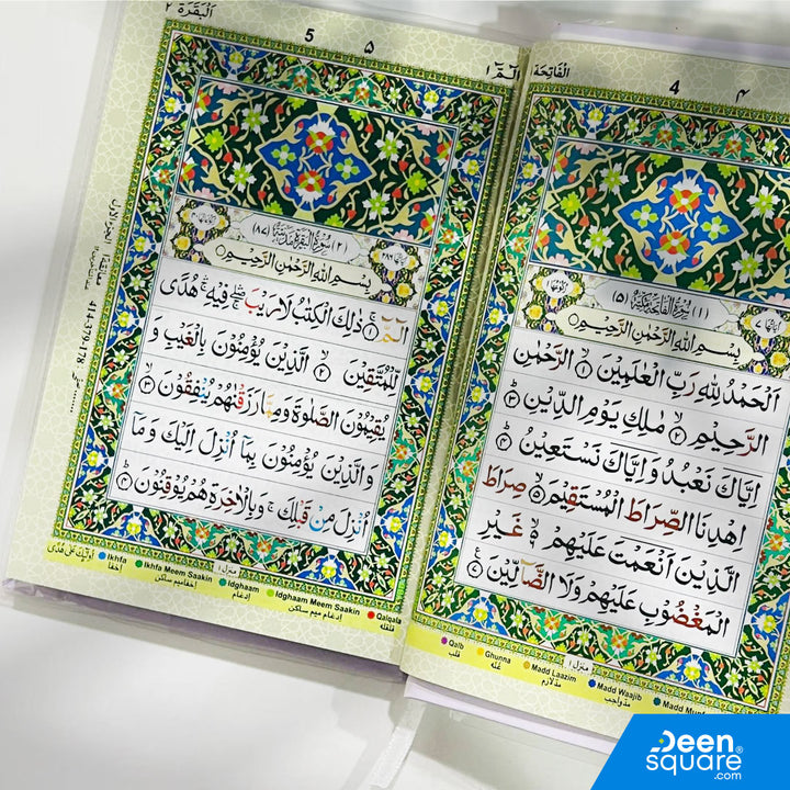 This beautifully designed Color-Coded Indo Pak Script Quran (Ref 123-W) is perfect for students, Huffaz, and anyone memorizing the Qur’an. Featuring the traditional Indo-Pak script with 15 lines Hafizi format, it ensures consistency and ease of memorization.

The color-coded Tajweed rules make recitation easier, helping learners apply proper pronunciation as they read. Printed on high-quality glossy color paper, this Mushaf offers vibrant clarity and long-lasting durability.

Its 14×20 cm medium size makes 