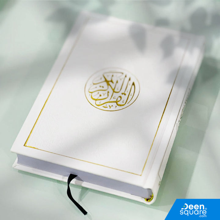Beautiful colored Quran with golden border, 14×20 cm, white pages, 15-line Uthmani script, PU leather cover, personalized name option, Allah’s name highlighted.