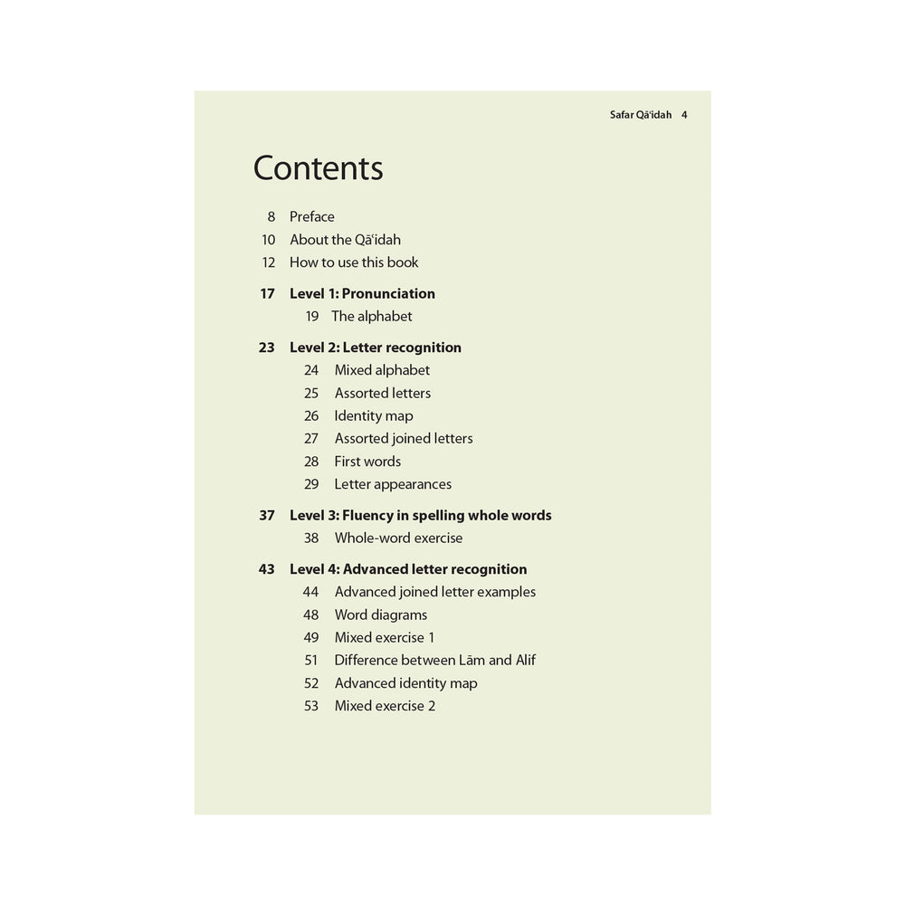 Safar Complete Qaidah Madinah Script book Contents
