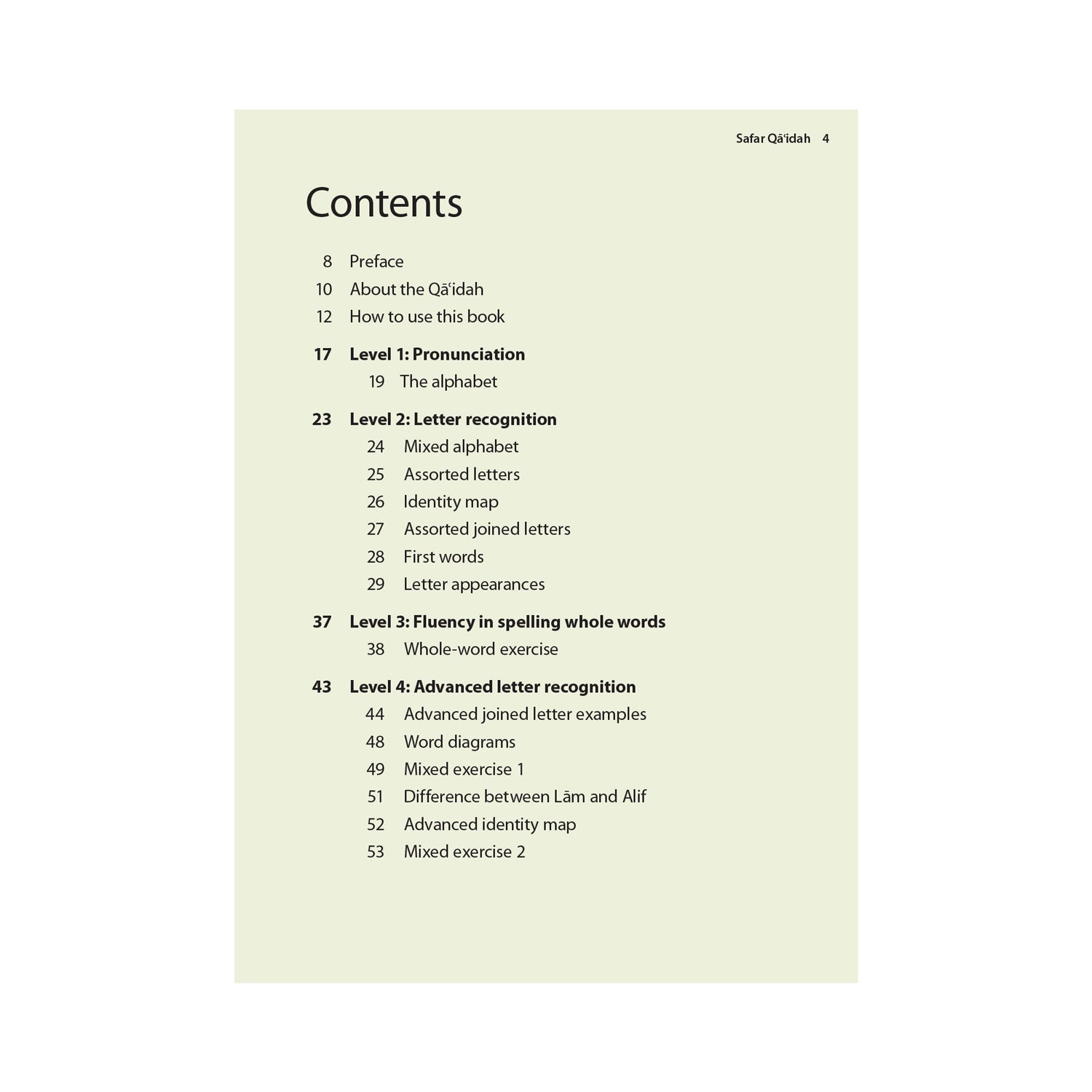 Safar Complete Qaidah Madinah Script book Contents