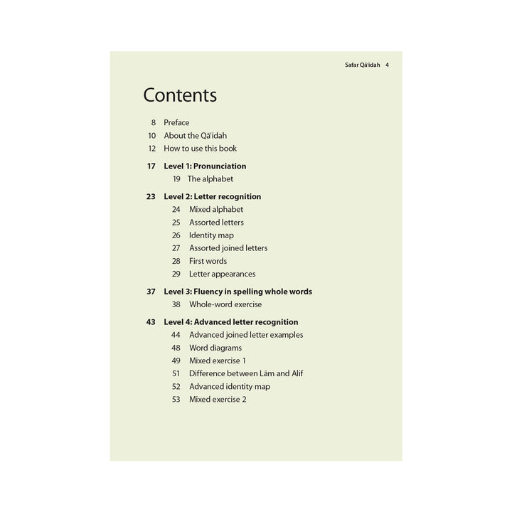 Safar Complete Qaidah Madinah Script book Contents