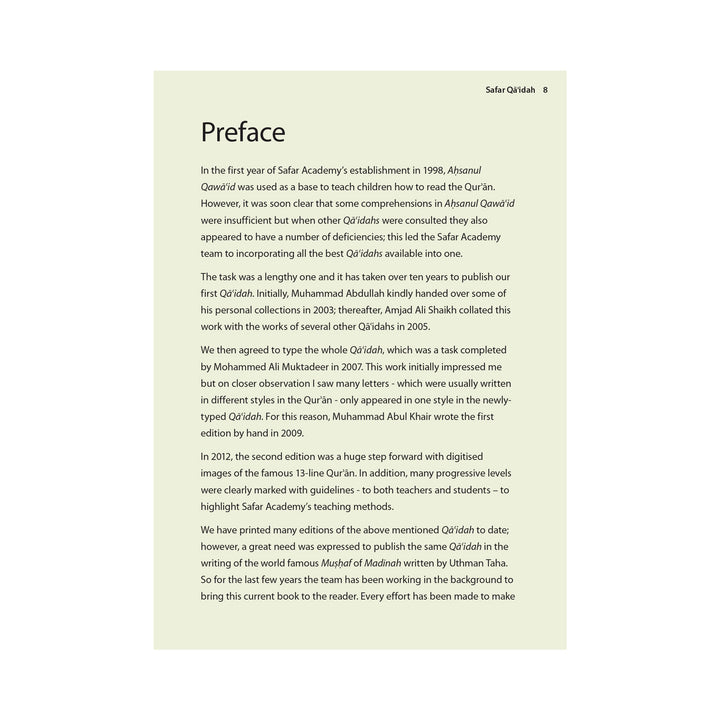 Safar Complete Qaidah Madinah Script book Preface