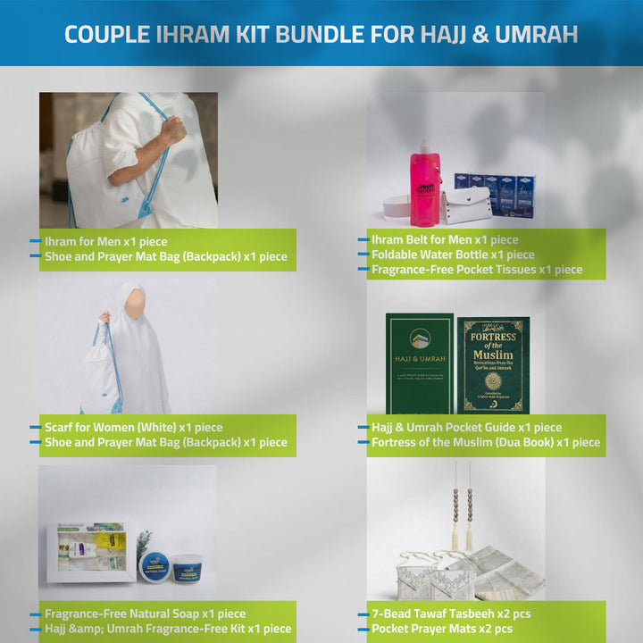 Buy Couple Ihram Kit Bundle for Hajj &amp; Umrah with Ihram, prayer scarf, belt, guide, dua book &amp; travel essentials. Buy at deensquare.com + Dubai | UAE.