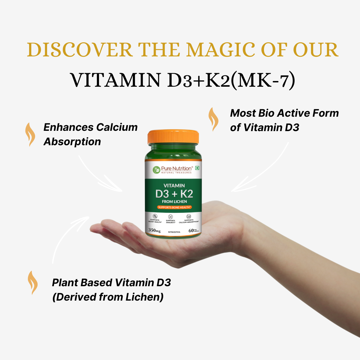 Pure Nutrition Vitamin D3 K2 MK7 tablets for bone, joint and immune support