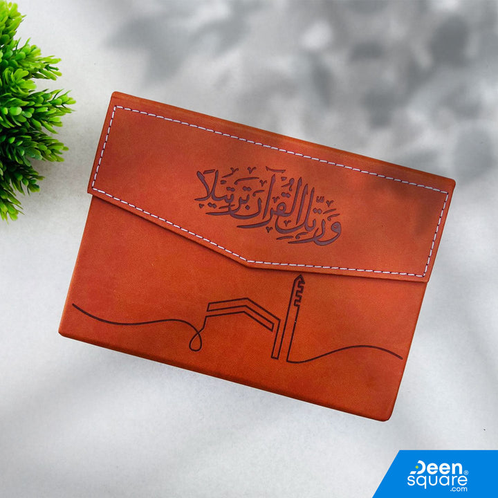 Elegant Quran with PU leather cover and protective case. Features authentic Uthmani script, compact size, and premium finish. Perfect for daily recitation and gifting.
