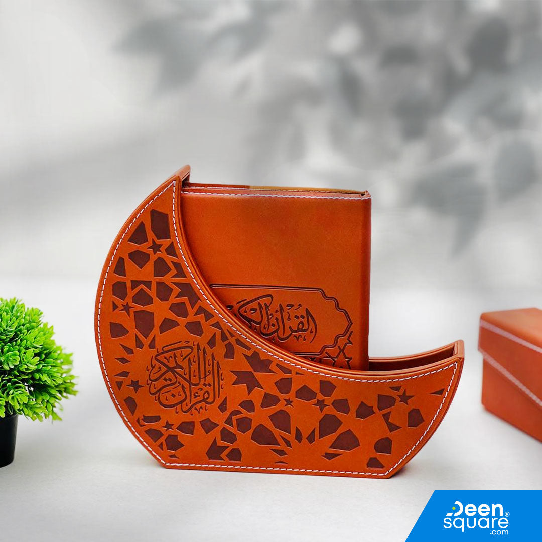 Elegant Quran with Uthmani script in a Ramadan moon shaped PU leather case. Premium brown finish, perfect for Ramadan gifts and Islamic décor.