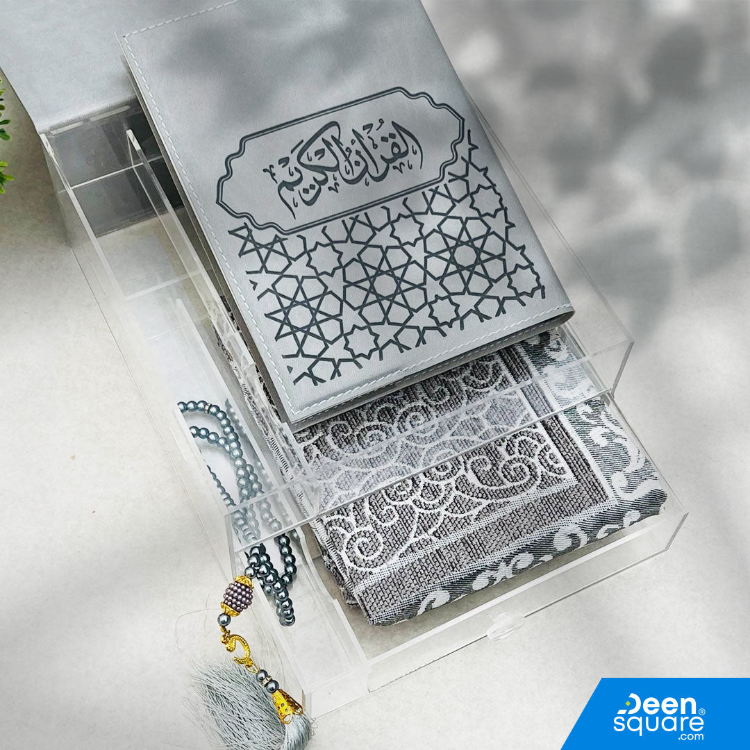Elegant Ramadan Mubarak Quran Gift Set 2026 with Uthmani Quran, prayer mat, and Tasbih. Premium acrylic & PU leather box, perfect for Ramadan and Eid gifting.