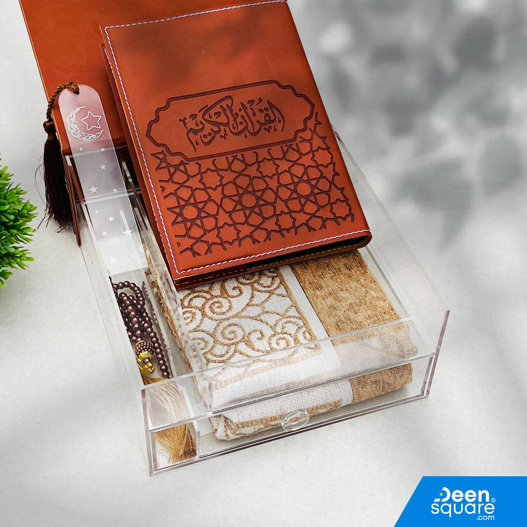Elegant Ramadan Mubarak Quran Gift Set 2026 with Uthmani Quran, prayer mat, and Tasbih. Premium acrylic & PU leather box, perfect for Ramadan and Eid gifting.
