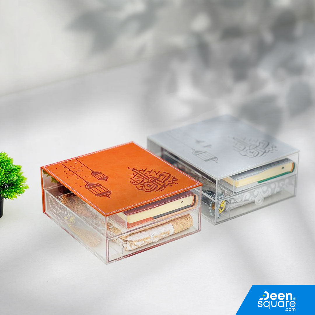 Elegant Ramadan Mubarak Quran Gift Set 2026 with Uthmani Quran, prayer mat, and Tasbih. Premium acrylic & PU leather box, perfect for Ramadan and Eid gifting.