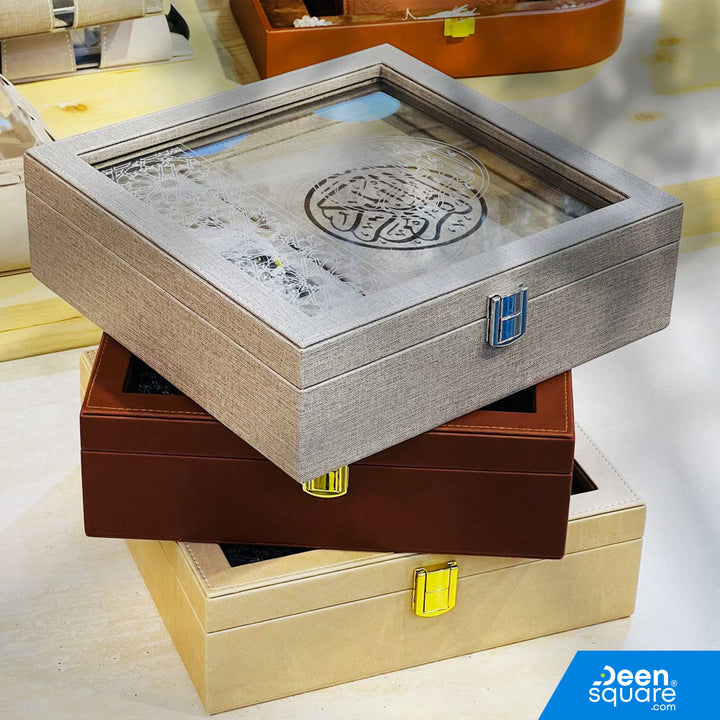 Elegant luxury Qur’an gift set featuring a premium Uthmani script Qur’an and 99-bead crystal tasbeeh in a beautiful gift box. Ideal for Ramadan & Eid.