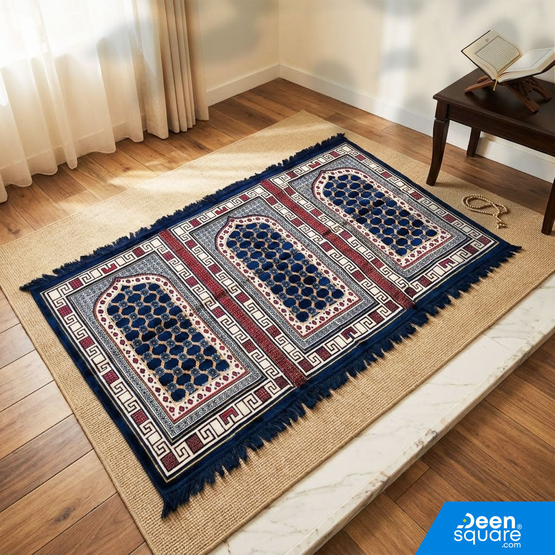 Buy Family Prayer Mat for 3 Person 120x200 cm at deensquare.com Dubai | UAE. Large Turkish prayer mat for family use and daily salah.