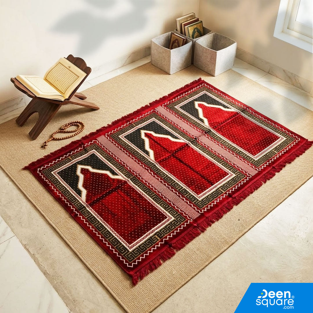 Buy Family Prayer Mat for 3 Person 120x200 cm at deensquare.com Dubai | UAE. Large Turkish prayer mat for family use and daily salah.