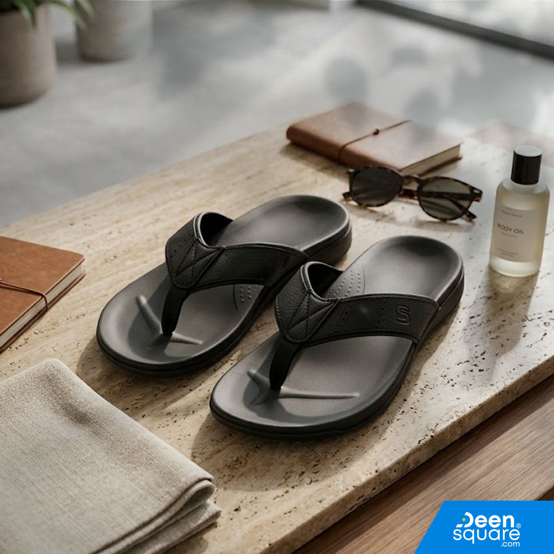 Buy Flip Flop Slippers for Hajj &amp; Umrah at deensquare.com Dubai | UAE. Comfortable Black chappal, lightweight and easy slip-on for pilgrims.