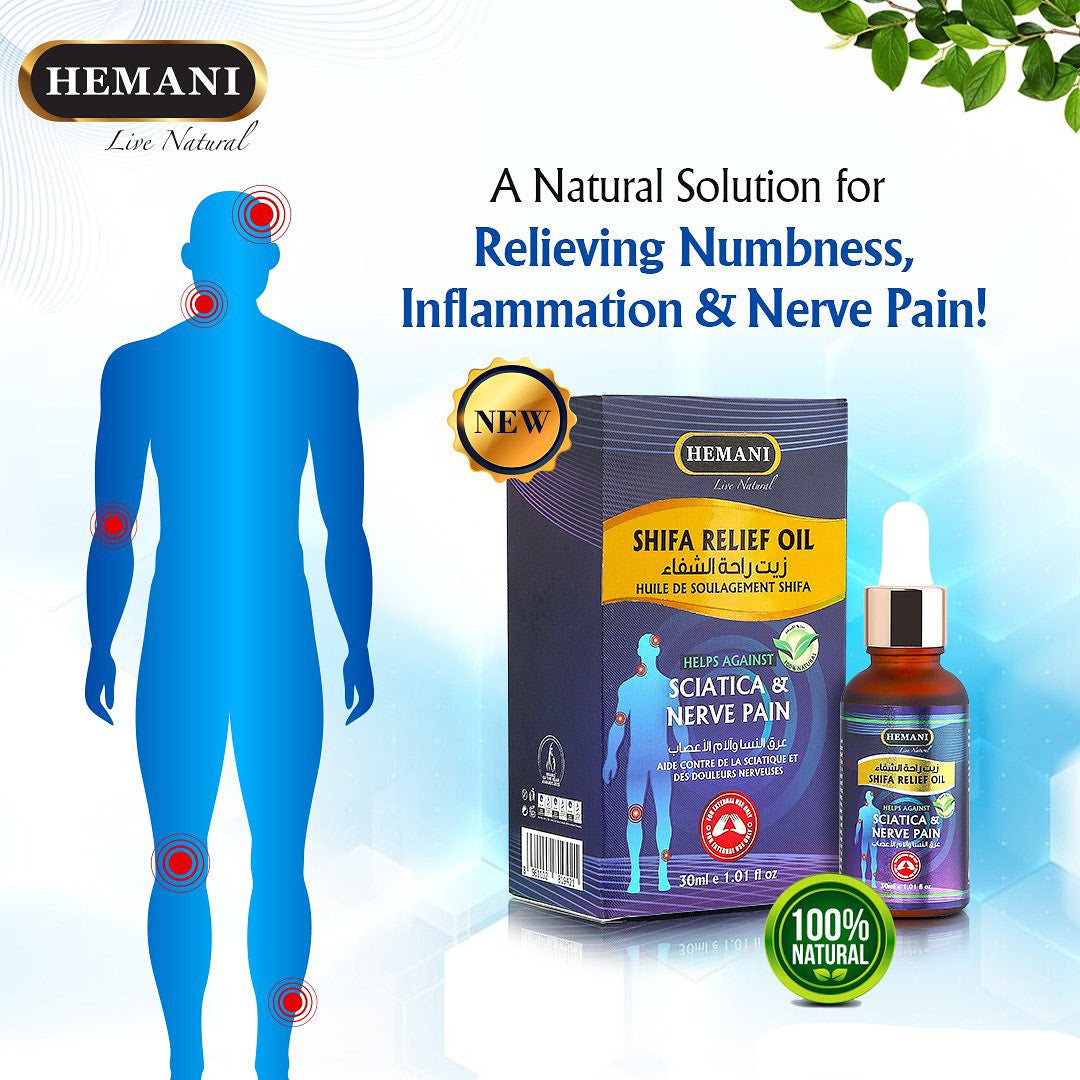 Buy Hemani Shifa Relief Oil 30ml for muscle, joint &amp; nerve pain relief. Herbal formula for sciatica, stiffness &amp; daily comfort.