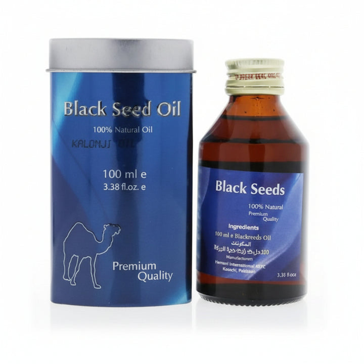hemani Black Seed Oil 100ml packaging including a blue container and a bottle on a white background.