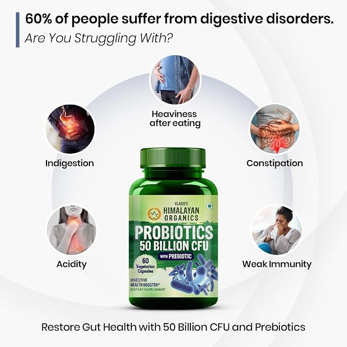 Buy Himalayan Organics Probiotics 50 Billion CFU 60 Veg Capsules at deensquare.com. Gut health supplement available in Dubai | UAE.