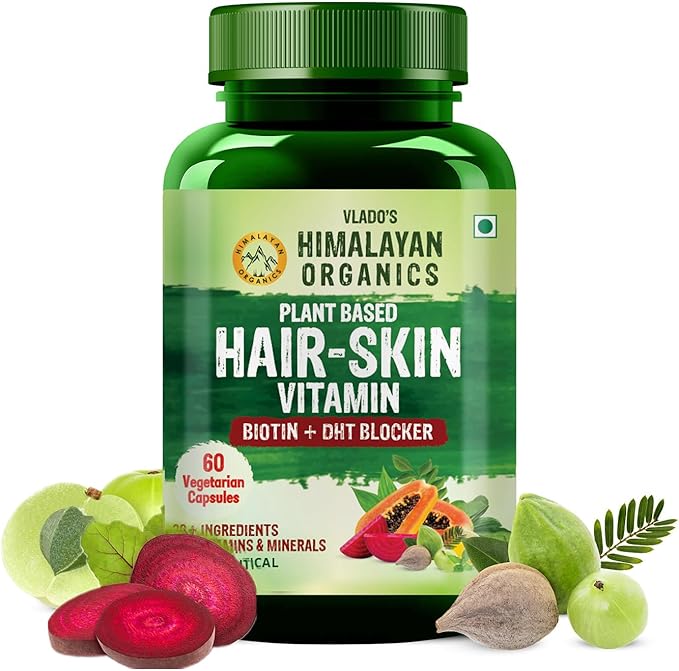 Himalayan Organics Pure Biotin with Dht Blocker, Plant-Based B Vitamins, Vitamin C &amp; D3 – 60 Veg Capsules