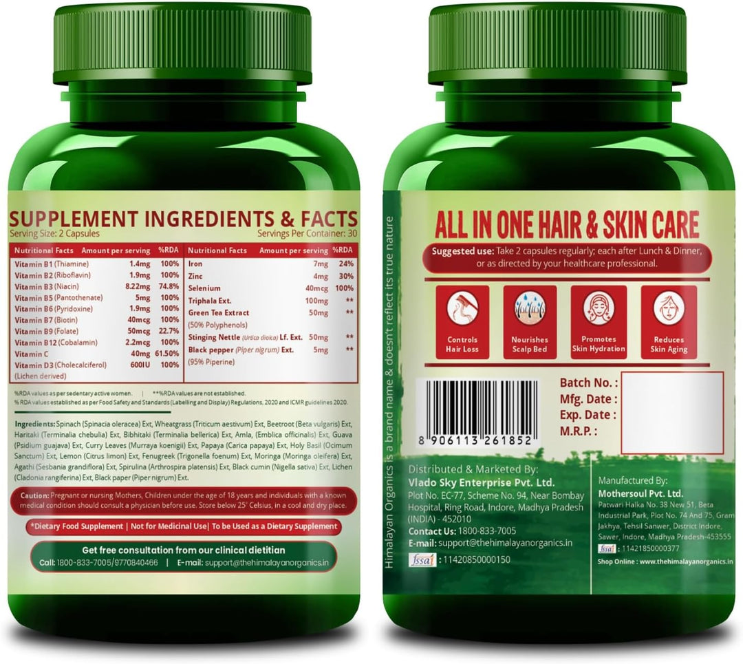 Himalayan Organics Pure Biotin with Dht Blocker, Plant-Based B Vitamins, Vitamin C &amp; D3 – 60 Veg Capsules