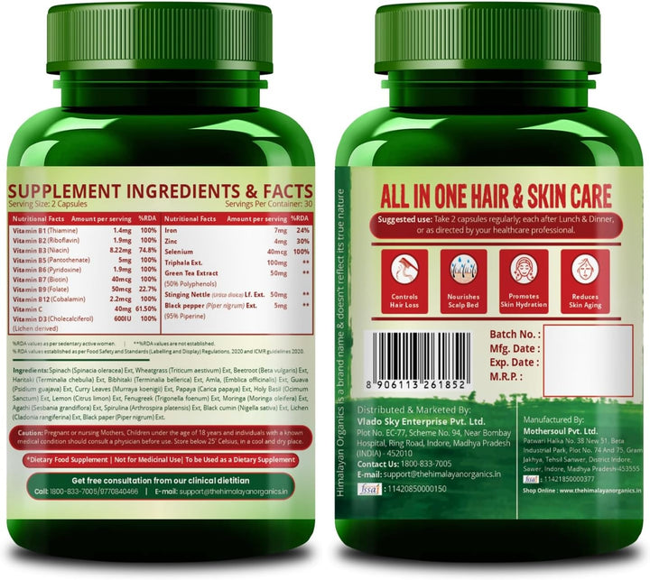Himalayan Organics Pure Biotin with Dht Blocker, Plant-Based B Vitamins, Vitamin C &amp; D3 – 60 Veg Capsules