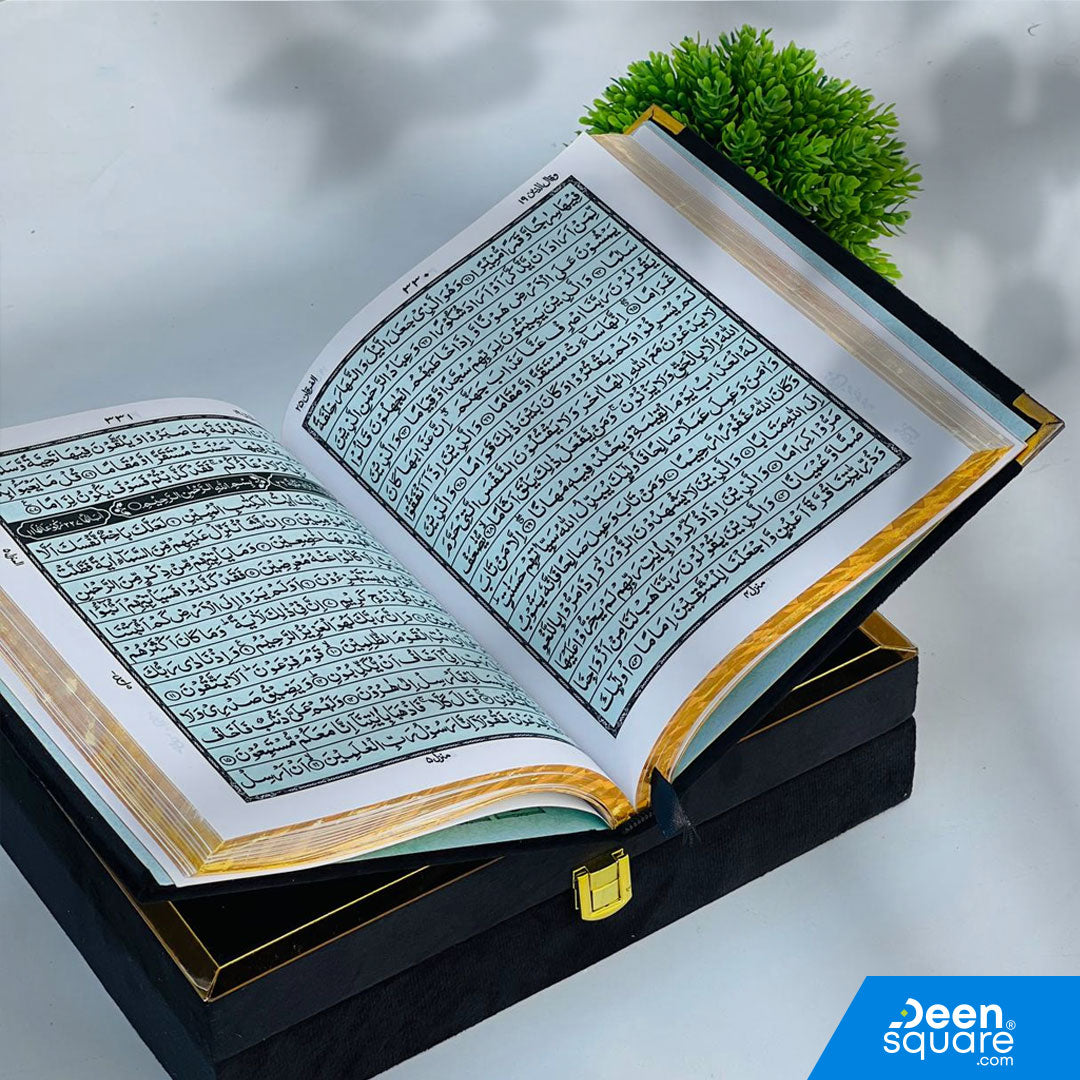 Experience the beauty of the Holy Quran presented in a luxurious velvet gift box, designed for elegance and reverence. This edition features the Indo-Pak script, known for its clarity and ease of reading. Perfect for personal use or as a thoughtful Islamic gift for special occasions like weddings, Ramadan, Eid, or housewarmings.

Script: Indo-Pak (clear and easy to read)
Size: 19.5 x 25.4 cm (Large Quran)
Packaging: Premium Velvet Gift Box
Ideal Gift: Perfect for weddings, Ramadan, and special Islamic occas