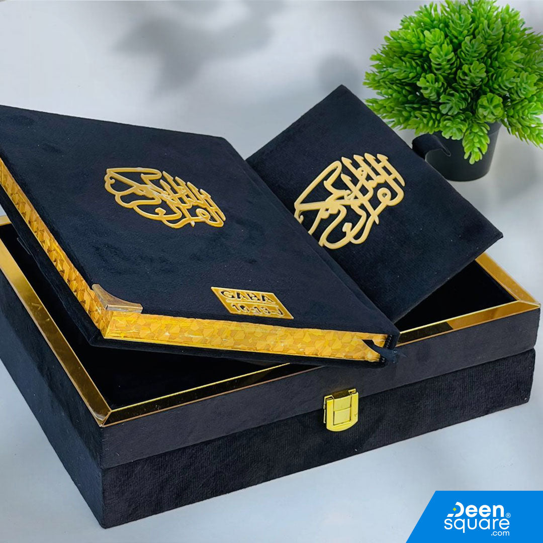 Experience the beauty of the Holy Quran presented in a luxurious velvet gift box, designed for elegance and reverence. This edition features the Indo-Pak script, known for its clarity and ease of reading. Perfect for personal use or as a thoughtful Islamic gift for special occasions like weddings, Ramadan, Eid, or housewarmings.

Script: Indo-Pak (clear and easy to read)
Size: 19.5 x 25.4 cm (Large Quran)
Packaging: Premium Velvet Gift Box
Ideal Gift: Perfect for weddings, Ramadan, and special Islamic occas