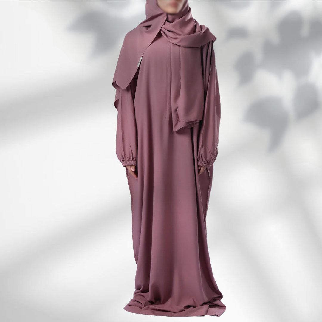 Buy Jodali dark purple prayer dress with sheila. Fast shipping in Dubai and delivery across UAE from DeenSquare.com.
