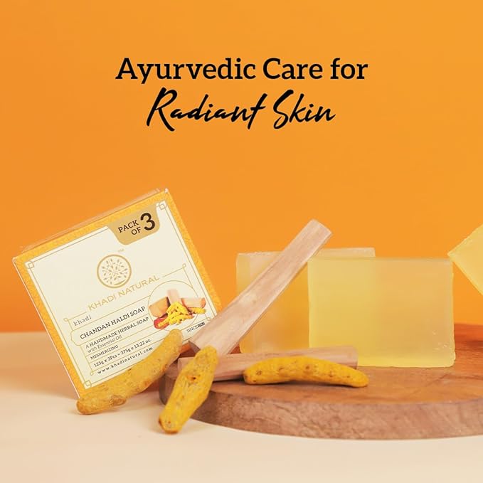 Buy Khadi Natural Chandan Haldi Soap Pack of 3 with box in UAE. Herbal turmeric &amp; sandalwood soap for glowing skin. Fast UAE delivery available.