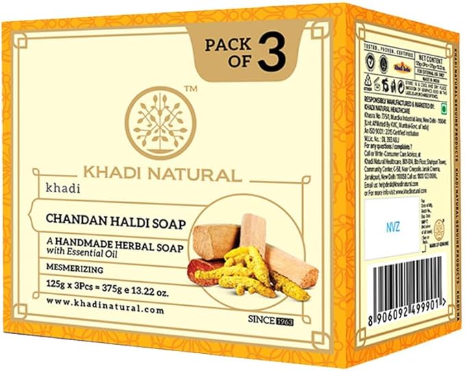 Buy Khadi Natural Chandan Haldi Soap Pack of 3 with box in UAE. Herbal turmeric &amp; sandalwood soap for glowing skin. Fast UAE delivery available.