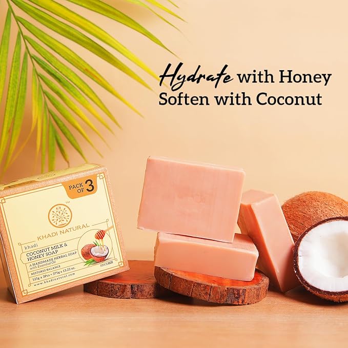 Buy Khadi Natural Coconut Milk & Honey Soap Pack of 3 in UAE. Moisturizing herbal soap for soft skin. Shop now with fast UAE & worldwide delivery.