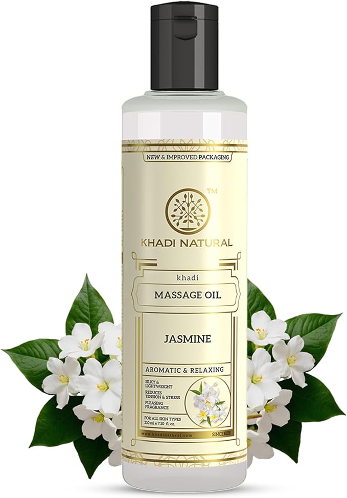 Shop Khadi Natural Jasmine Massage Oil 210ml. Aromatic Ayurvedic body oil for relaxation &amp; soft skin. Order now in UAE with fast delivery.