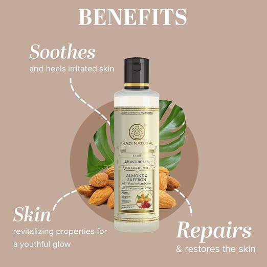 Shop Khadi Natural Almond &amp; Saffron Body Lotion 210ml. Nourishing moisturizer for soft, smooth skin. Order online in UAE. Shop now.
