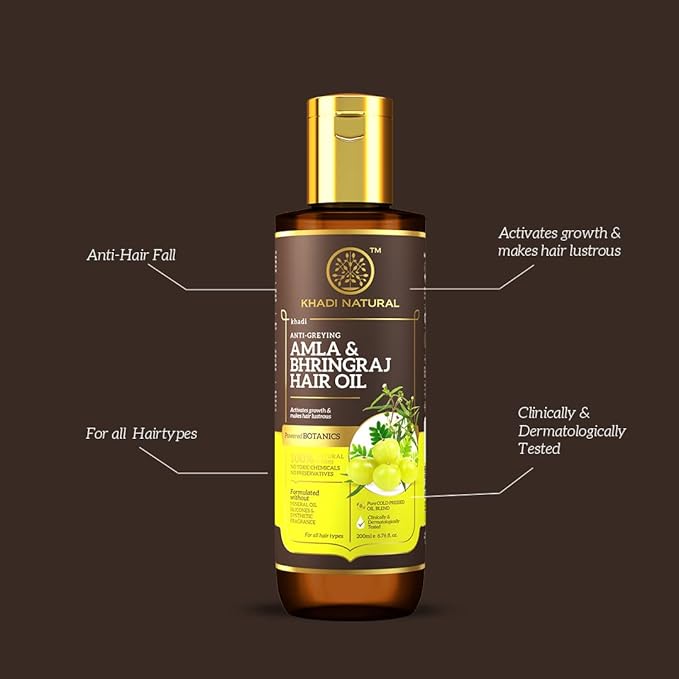 Buy Khadi Natural Amla &amp; Bhringraj Hair Oil in UAE. Lightweight herbal oil supports stronger hair. Silicone &amp; mineral oil free. Shop now UAE delivery.