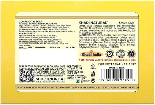 Shop Khadi Natural Lemon Herbal Soap 125g. Refreshing daily cleansing with lemon extracts. Order online in UAE with fast delivery.