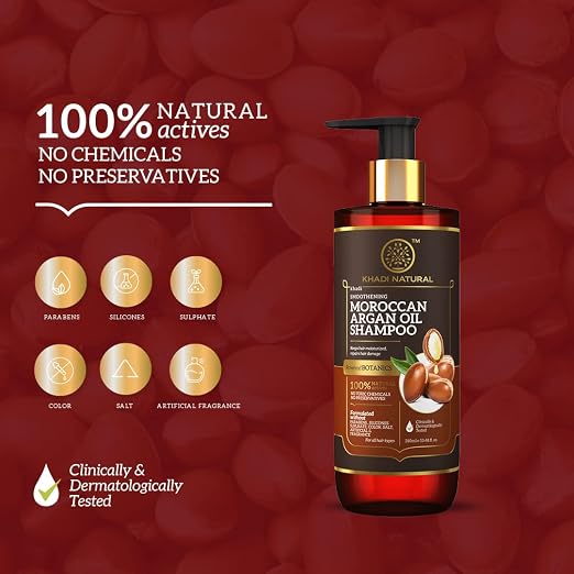 Cleanse and smooth dry hair with Khadi Natural Moroccan Argan Shampoo 310ml. Sulphate-free, frizz control formula. Shop now in UAE.