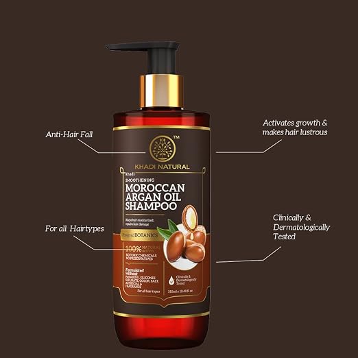 Cleanse and smooth dry hair with Khadi Natural Moroccan Argan Shampoo 310ml. Sulphate-free, frizz control formula. Shop now in UAE.