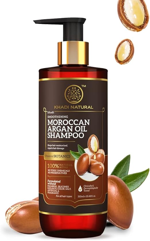 Cleanse and smooth dry hair with Khadi Natural Moroccan Argan Shampoo 310ml. Sulphate-free, frizz control formula. Shop now in UAE.