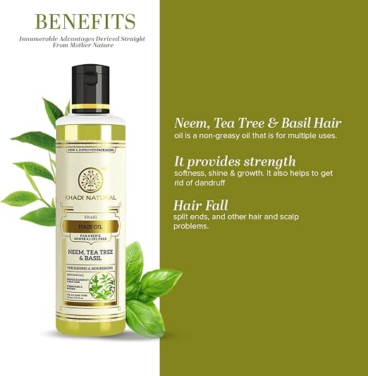 Nourish your hair with Khadi Natural Neem, Tea Tree & Basil Hair Oil 210ml. Non-greasy herbal formula. Shop now. Order online in UAE.